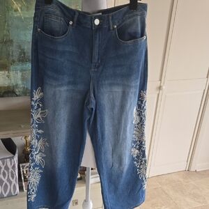 Women's Blue Embroidered Wide Leg Jeans